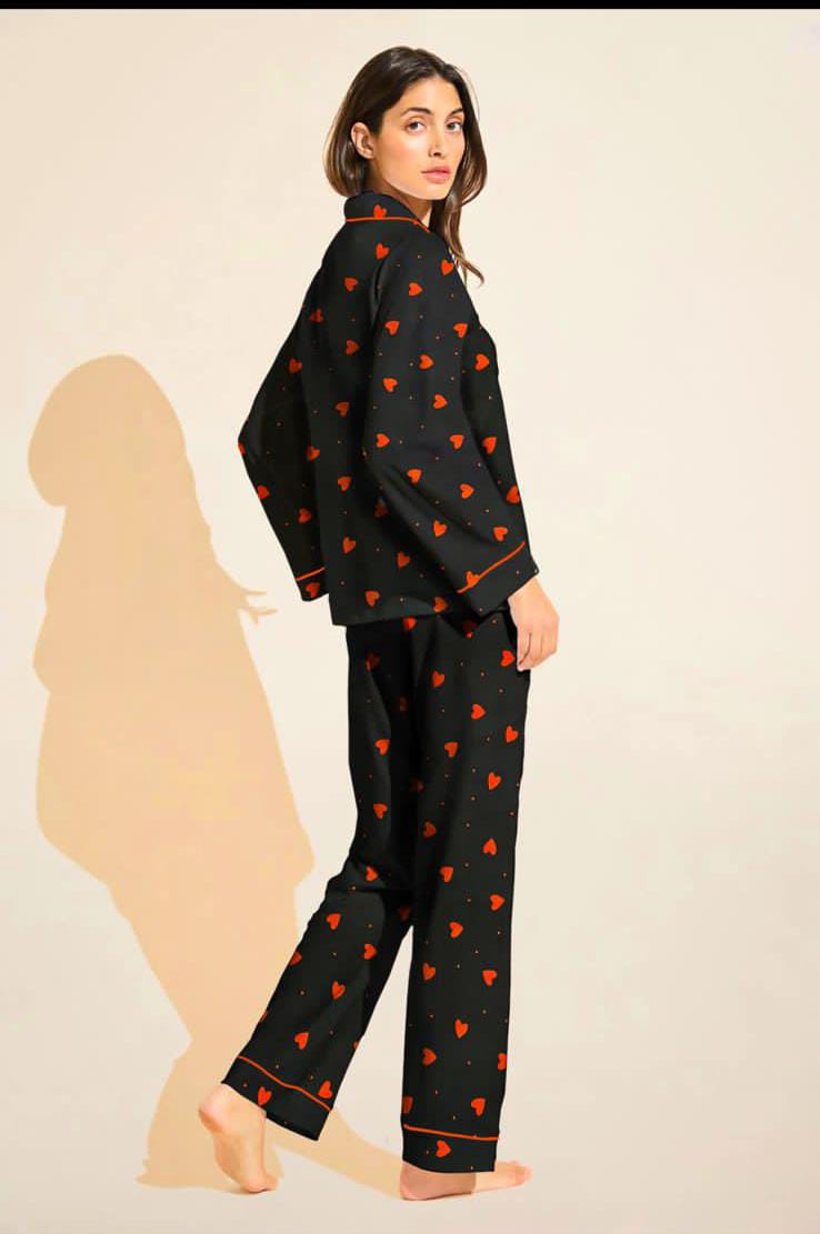 Heart Printed Linen Pajama Set – Soft & Cozy Nightwear for Women | BelleNisa